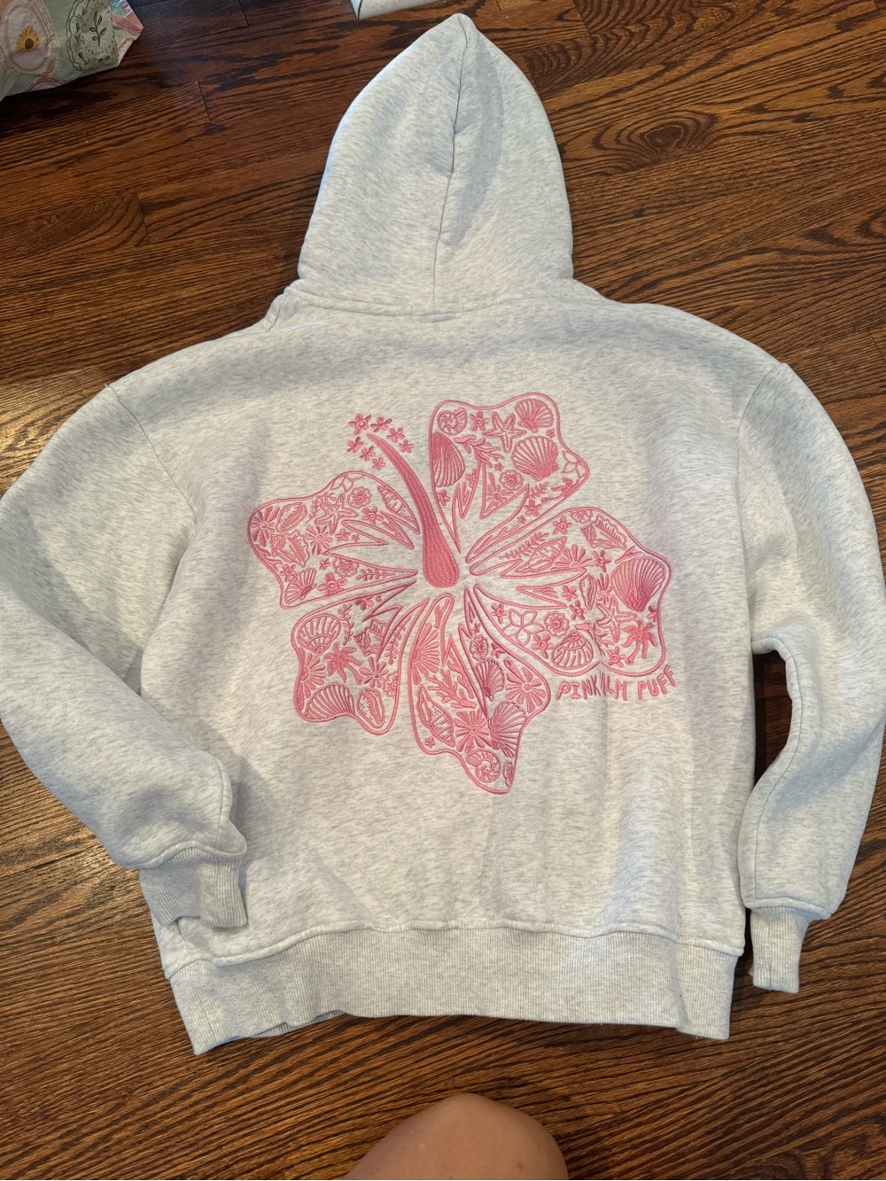 Gray Pullover Hoodie with Pink Palm Graphic - Pink Palm Puff XS - Picture 3 of 4